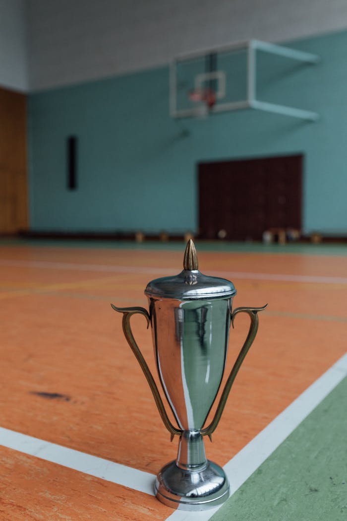 services-img Silver trophy placed on an indoor basketball court with a hoop in the background.